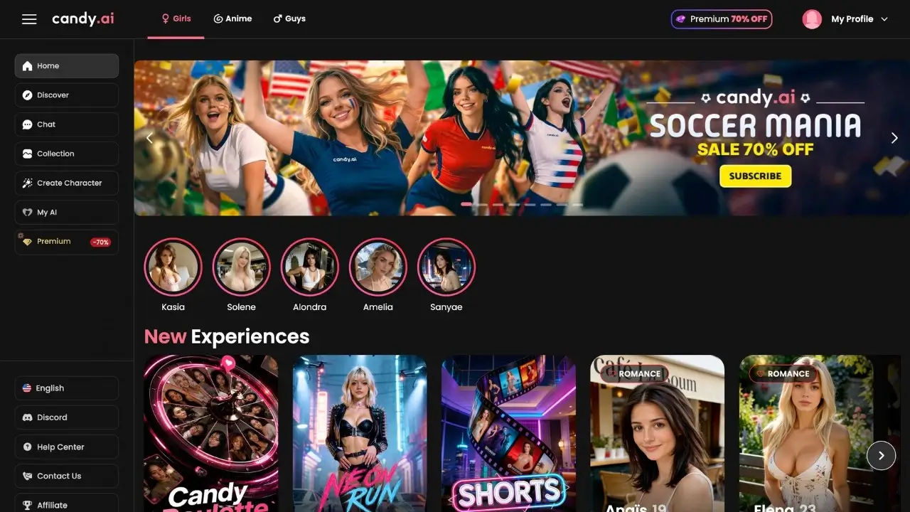 Candy AI homepage with the companion gallery and navigation