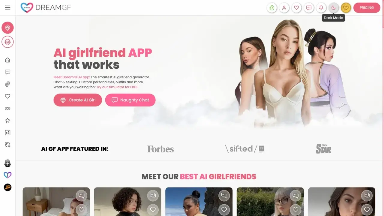 DreamGF AI homepage: the AI girlfriend app and companion gallery