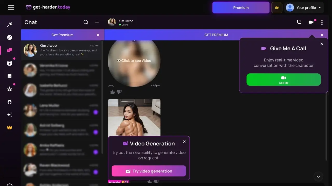 Get-Harder chat with inline video generation and a call option