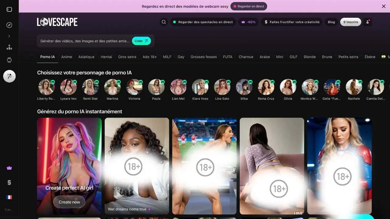 Lovescape homepage with the character gallery