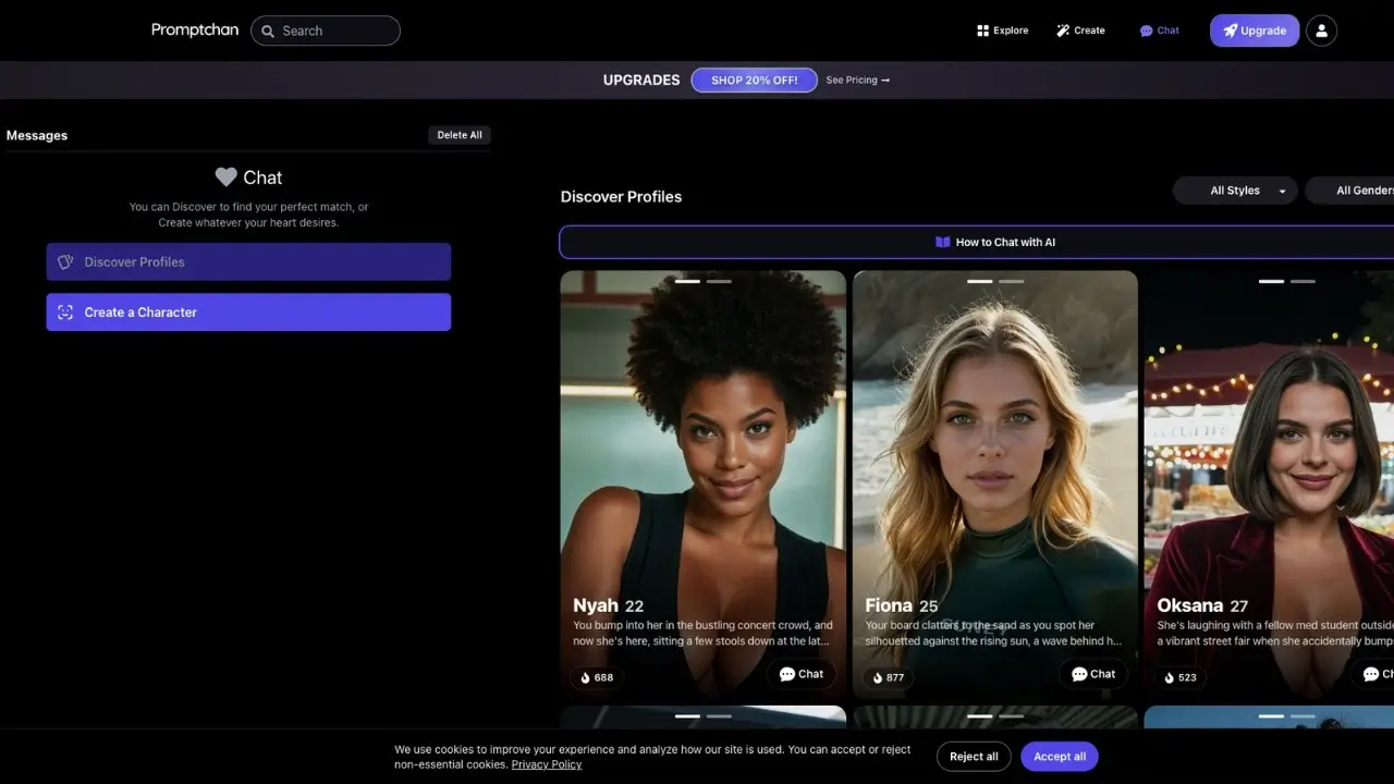 Promptchan AI chat with discoverable companion profiles